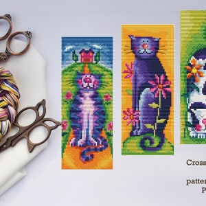 Modern bookmarks bright cats cross stitch pattern digital PDF Handmade bookmark embroidery beginners Instant download Gift for book lover