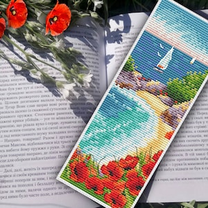 Bookmark cross stitch pattern Sea ,poppies cross stitch , cross stitch  landscape, summer cross stitch , sailboats, Gift for book lover