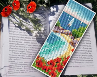 Bookmark cross stitch pattern Sea ,poppies cross stitch , cross stitch  landscape, summer cross stitch , sailboats, Gift for book lover