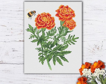 Marigold Cross Stitch Pattern: Floral Embroidery Design (PDF Pattern)
