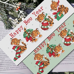 Biglietto di Natale Tigrotti Felice Anno Nuovo, Segnalibro schema punto croce PDF simpatico animale punto croce, idea regalo per amanti dei libri, grandi felini