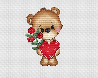 Teddy Bear with Heart Cross Stitch Pattern – Easy Animal Embroidery (PDF Download)