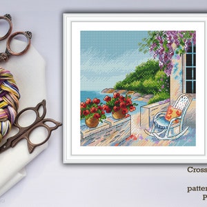 Patrón de punto de cruz de paisaje marino, patrón de punto de cruz de terraza de verano, diseño de bordado, gráfico de punto de cruz moderno, bordado cuadrado