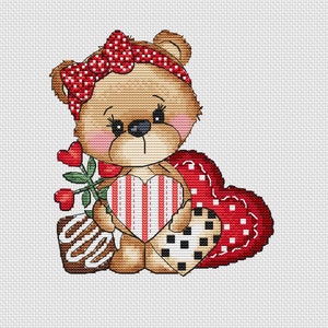 Teddy Bear cross stitch pattern PDF,  handmade Valentines Day cross stitch, Love cross stitch, Heart cross stitch chart