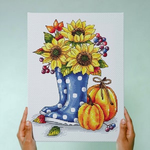 Sunflowers and Pumpkins Cross Stitch Pattern: Autumn Floral Chart (Digital Download)