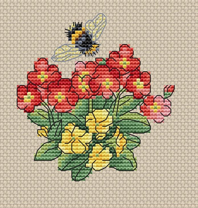 Beautiful Flowers cross stitch pattern pdf embroidery design modern cross stitch chart Bumblebee Bee cross stitch