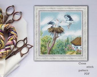 Stork nest cross stitch pattern pdf embroidery design modern cross stitch chart