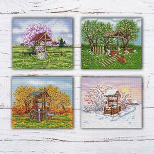 Nature cross stitch Four Seasons cross stitch pattern PDF, spring ,summer,autumn, winter, nature Cross Stitch, Modern cross stitch