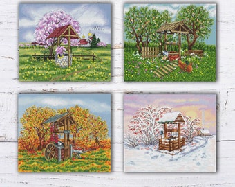 Puede incluir: Cuatro diseños de bordado de punto de cruz que representan un pozo en un entorno rural durante todo el año. El pozo está rodeado de árboles y flores en primavera, verano, otoño e invierno.