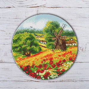 Poppy Field Cross Stitch Pattern: Village Landscape, Old Mill (PDF Pattern)