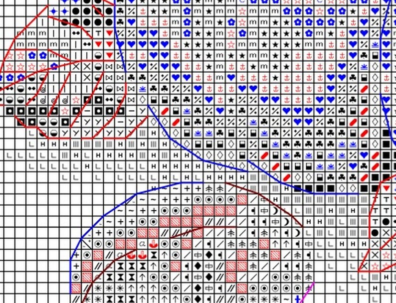 Puede incluir: Un patr&oacute;n de punto de cruz con una variedad de s&iacute;mbolos, incluyendo estrellas, corazones, anclas y otras formas geom&eacute;tricas. El patr&oacute;n est&aacute; en tonos de azul, rojo y negro.