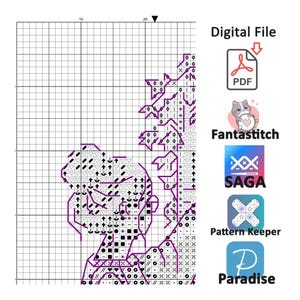 Op de afbeelding: Een kruissteekpatroonontwerp met een rasterachtergrond. Het ontwerp heeft een paarse omtrek van een bloem- of abstracte vorm, met verschillende symbolen erin. De woorden "Digital File" en "PDF" zijn zichtbaar, samen met logo's voor Fantastitch, SAGA, Pattern Keeper en Paradise.