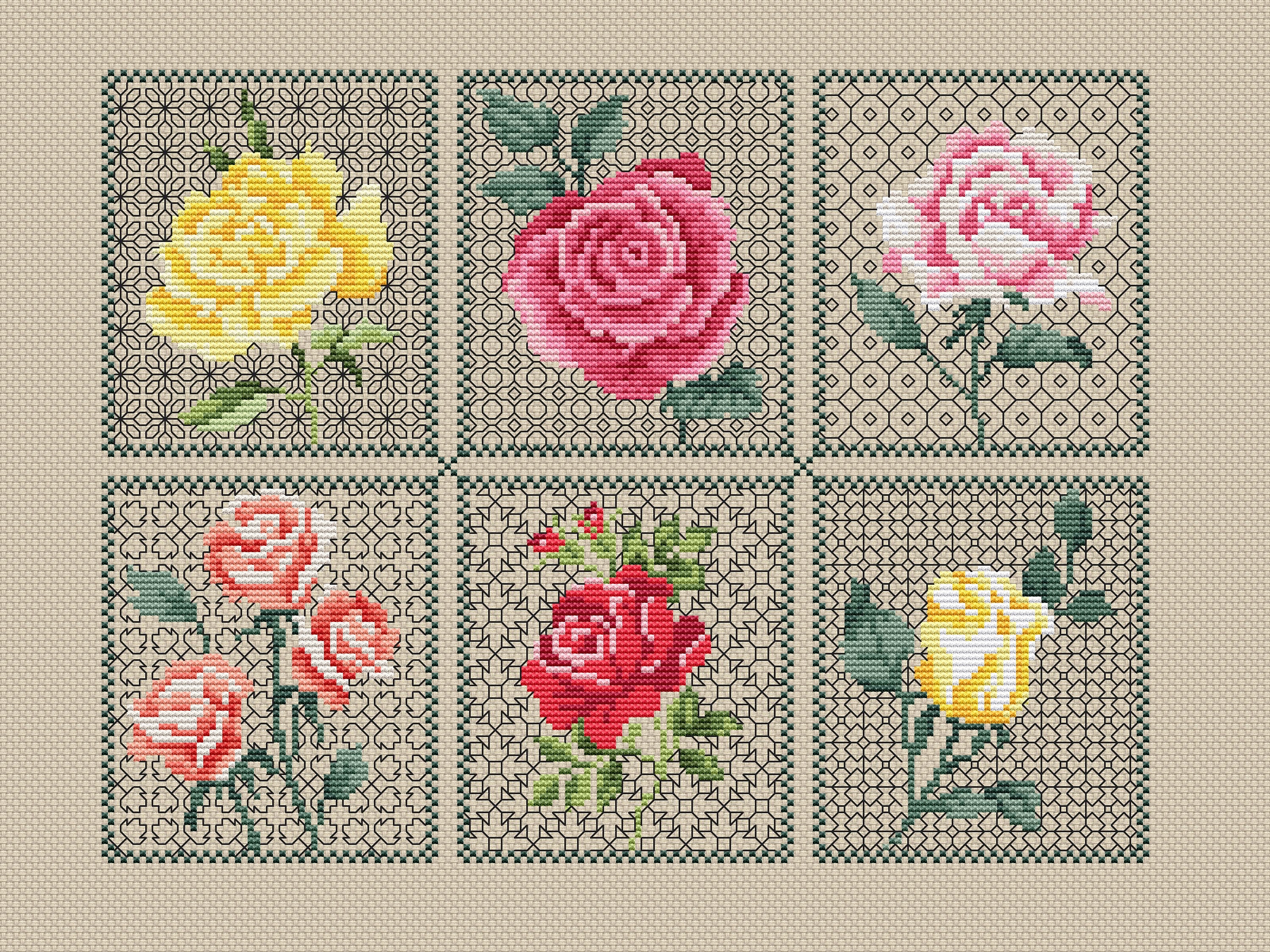 定番人気！ and Rose Blackwork ,small Mini Flower Pattern, Stitch Cross 茶