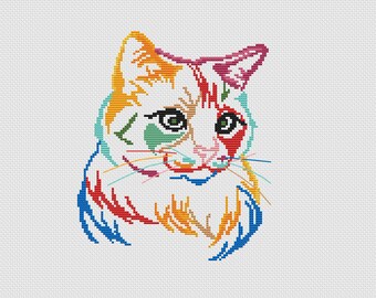 May include: A colorful cross-stitch pattern of a cat's face. The cat has orange, red, pink, blue, green, and yellow fur. The cat's eyes are black.