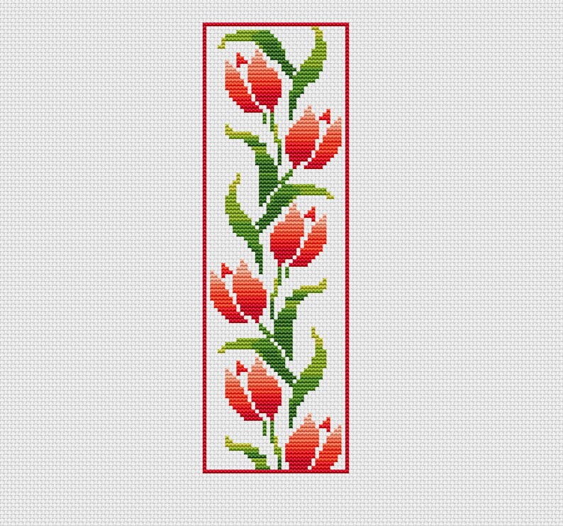 Bookmark Cross Stitch Patternred Flowersinstant Etsy