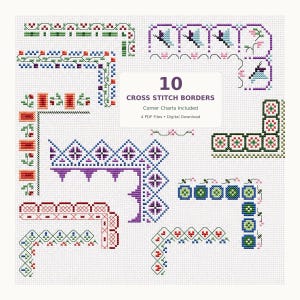 Puede incluir: Una colección de 10 patrones de bordes de punto de cruz con varios diseños geométricos y florales en rojo, verde, azul y morado. El texto central dice 10 CROSS STITCH BORDERS, Corner Charts Included, 4 PDF Files, Digital Download.