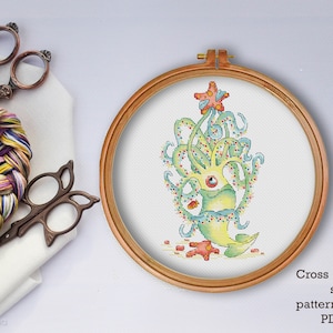 Christmas Squid Cross Stitch Pattern: Sea Animal Holiday Ornament (PDF Pattern)