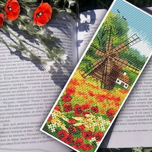 Segnalibro schema punto croce Paesaggio rurale, campo di grano, punto croce estivo, mulino, punto croce papaveri, regalo per amante dei libri