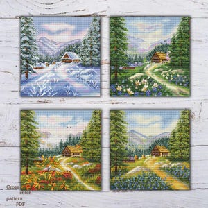 Four Seasons Cross Stitch Pattern, Winter, Summer, Autumn, Spring, Mountain Landscape Needlework, Counted Cross Stitch, Nature Inspired Art