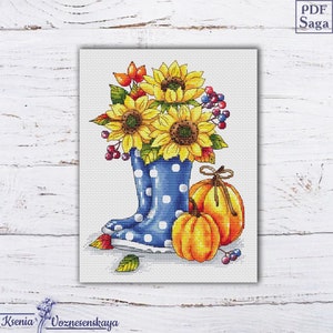 Herfstpompoenen kruissteekpatroon, zonnebloemen kruissteekpatroon pdf, borduurontwerp moderne kruissteekkaart, woondecoratie