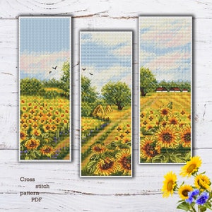 Set di segnalibri Girasoli Natura schema punto croce, paesaggio estivo ricamato Segnalibro fatto a mano Download immediato Regalo per amanti dei libri