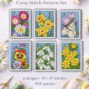 Mini Cross Stitch Pattern Set, Small Floral Bookmark Designs, Flower Embroidery PDF