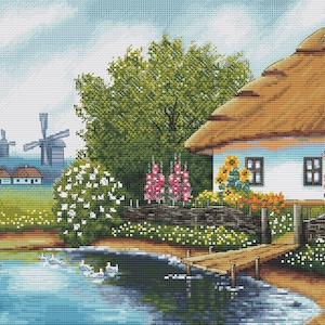 Summer Landscape Cross Stitch Pattern: Cozy Ukrainian House by the Pond