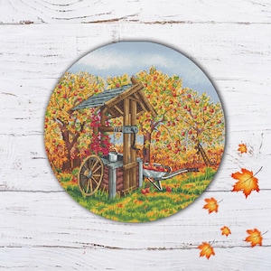 Landscape fall cross stitch pattern pdf, nature Cross Stitch, large cross stitch, village cross stitch, floral ornament, Instant download