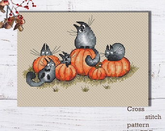 Вlack cute cats on pumpkin Halloween cross stitch pattern autumn home decor Hand embroidery design Cat cross stitch Halloween  decor