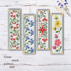 Floral Bookmark Cross Stitch Pattern Set: Easy Flower DIY (PDF Pattern)
