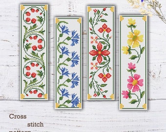 Floral Bookmark Cross Stitch Pattern Set: Easy Flower DIY (PDF Pattern)