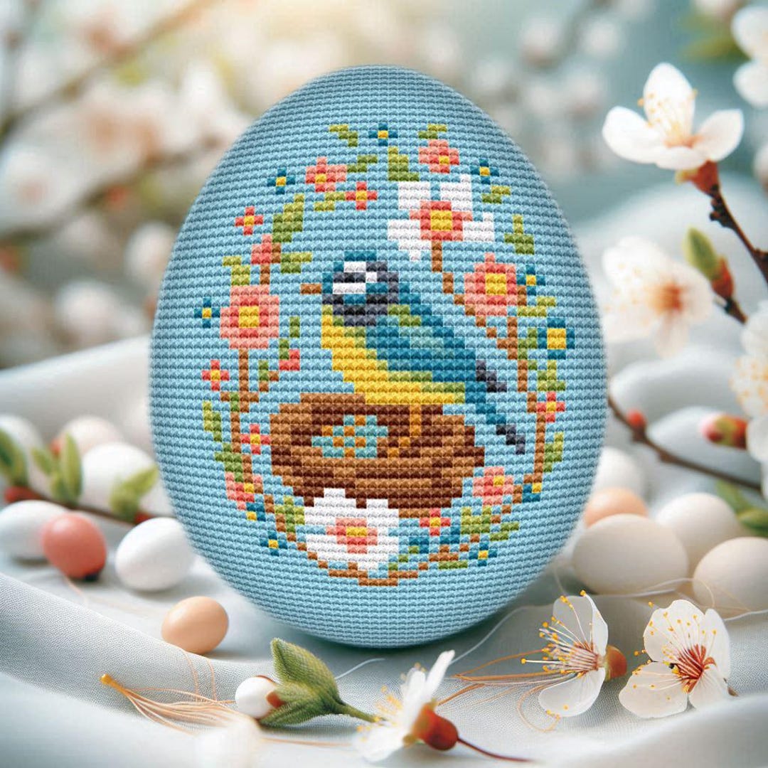 Easter Egg Cross Stitch Pattern: Spring Birds, Chickadee Nest (digital ...