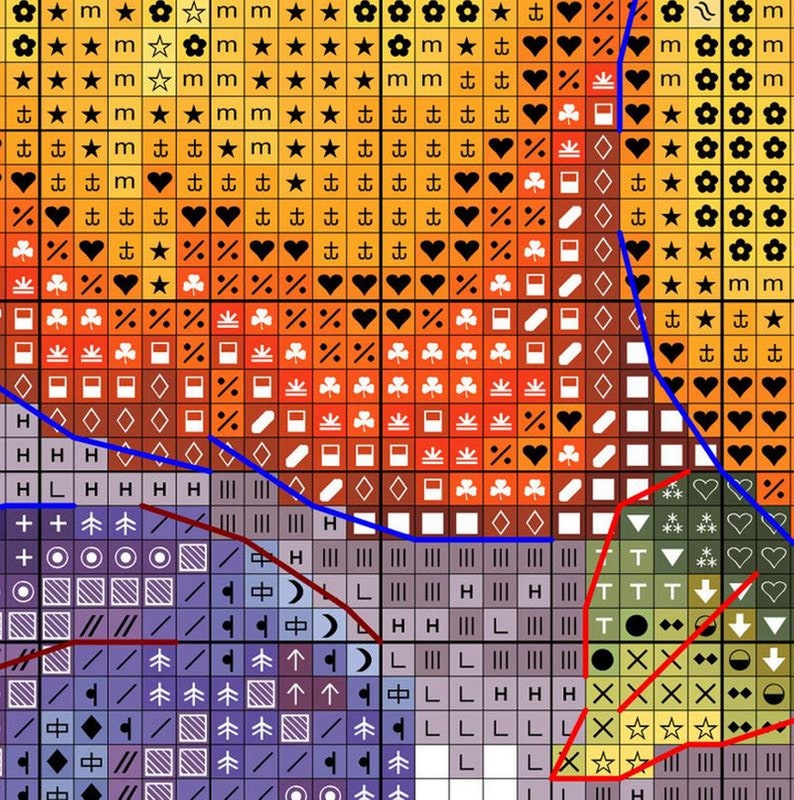 Puede incluir: Un patr&oacute;n de punto de cruz con una variedad de s&iacute;mbolos, incluyendo estrellas, corazones y hojas de tr&eacute;bol. El patr&oacute;n est&aacute; en tonos de naranja, amarillo, rojo, azul y morado.