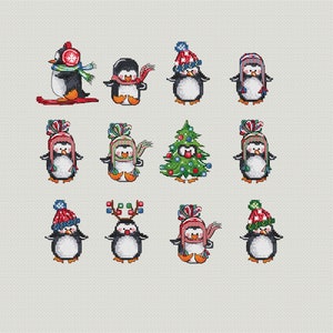 Decoración navideña de punto de cruz en conjunto: Pingüinos navideños, conjunto de 12 patrones, gráfico DMC, PDF imprimible, descarga instantánea