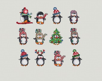 Christmas Penguin Cross Stitch Patterns: Set of 12, Holiday Decor (PDF Download)