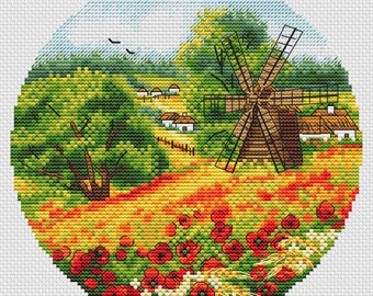Poppy Field Landscape Cross Stitch Pattern: Summer Garden (Digital Download)