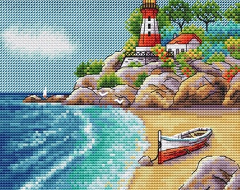 Modèle de point de croix Phare et paysage marin : Motif de broderie de bateau (Modèle PDF)