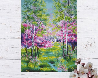 Spring Landscape Cross Stitch Pattern: Cottagecore Floral Design (PDF Pattern)