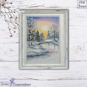 Landscape wall art , Cross Stitch Pattern Winter forest , Moon, Christmas,Instant Download