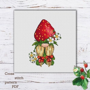 Strawberry Gnome Cross Stitch Pattern: Kawaii Embroidery (PDF Pattern)