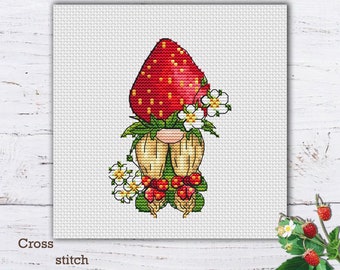 Schema punto croce ragazza gnomo fragola, gnomo estivo, arazzo divertente fai da te, piccole fate kawaii ricamo punto croce gnomi da giardino