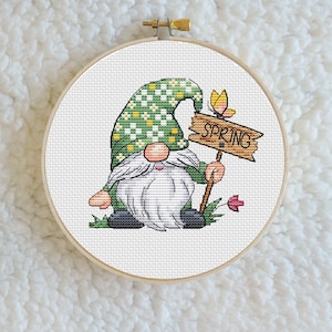 Spring Gnome Cross stitch pattern PDF, garden gnome, Counted Cross Stitch, fantasy cross Cute Gnome Embroidery Instant Download File