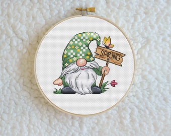 Spring Gnome Cross stitch pattern PDF, garden gnome, Counted Cross Stitch, fantasy cross Cute Gnome Embroidery Instant Download File