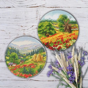 Set 2 Kreuzstichmuster Feld und Berge Sommer Natur Kreuzstich Vorlage Dorf Landschaft moderne Kreuzstichvorlage