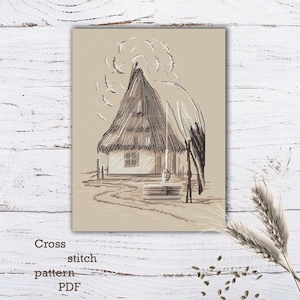 Op de afbeelding: Een PDF-patroon voor kruissteek voor een zwart-witte tekening van een klein huis met een rieten dak, met een vogel die op het dak staat. Het huis heeft één raam en een put met een emmer.