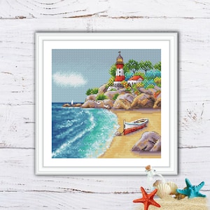 Lighthouse Seascape Cross Stitch Pattern: Boat Embroidery Design (PDF Pattern)