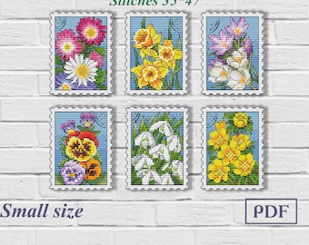 Floral Stamp Cross Stitch Pattern: Spring Flowers, Set of 6 (PDF Pattern)
