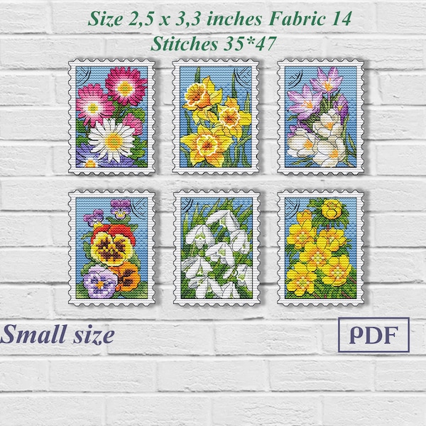 Lot de 6 petites fleurs PDF motif point de croix, printemps, tampon, broderie porte-clés, mini, toile en plastique, marque-page, plante, broderie postale