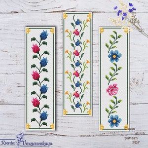 Floral Bookmark Cross Stitch Pattern: Set of 3 (Instant Download)