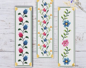 Floral Bookmark Cross Stitch Pattern: Set of 3 (Instant Download)